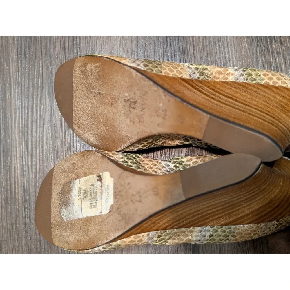 Lanvin Paris Snakeskin Print Leather Wedge Pumps Green Tan Wood Heel Size 40